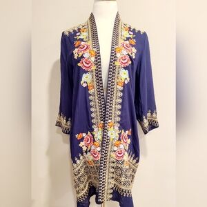 Embroidered Navy Floral Women's  Kimono with side pocket